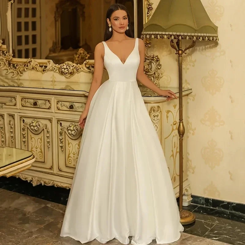 

MANRAY Customized Elegant A-Line Wedding Dresses Satin Bridal Gowns Spaghetti V-Neck Sleeveless Boho White Dress Bridal
