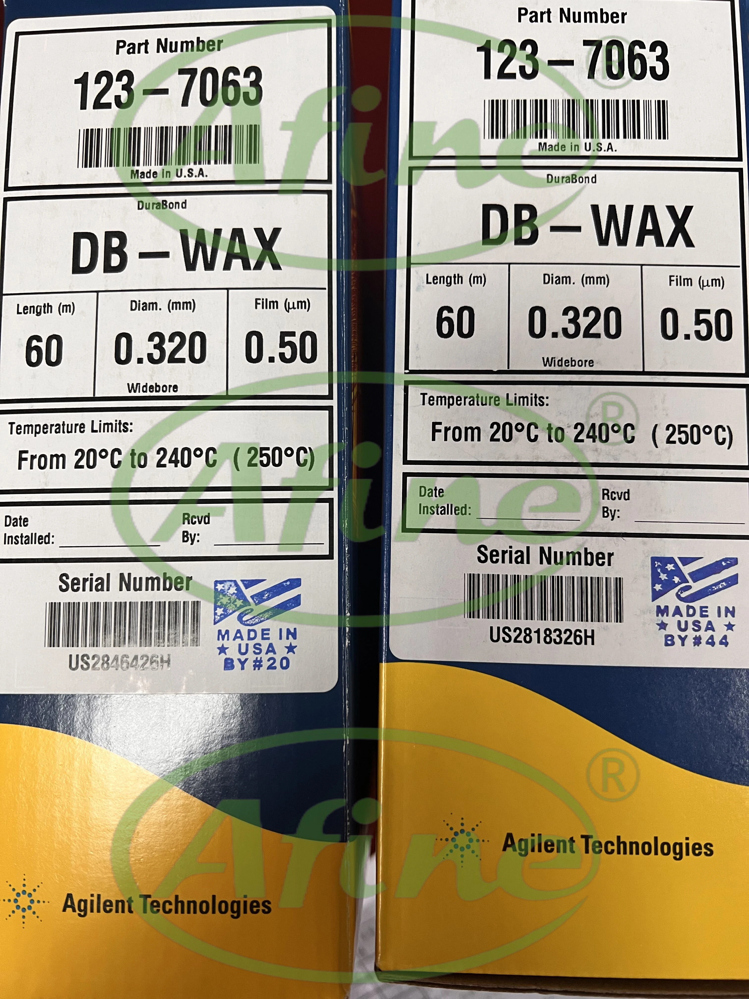 Colunas AFINE Agilent J&W DB-WAX GC, 0,32 mm, gaiola de 7 polegadas: 123-7063 (60 m, 0,50 μm) e 123-7032 (30 m, 0,25 μm)