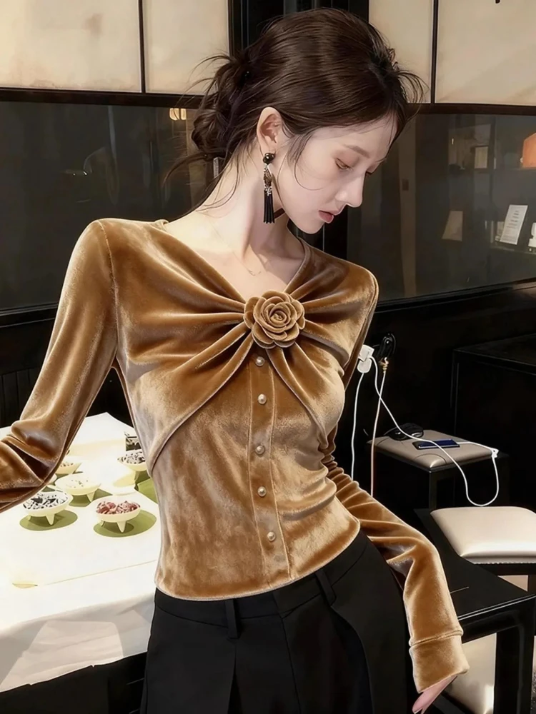 봄 가을 신상 트렌드 3D 플로럴 벨벳 긴팔 슬림핏 셔츠 티셔츠 탑 디자인 블라우스 코르셋 여성 탑