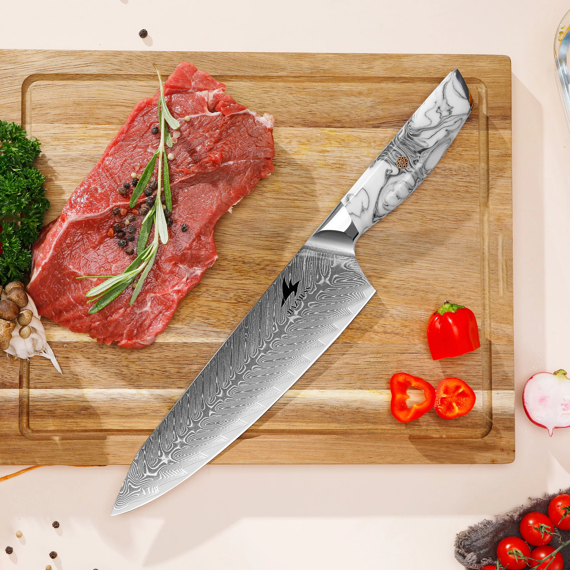 Professional 8 Inch Chef Knife, Japanese Damascus Steel with VG10 Core, Ergonomic Resin Handle, Kitchen Knife for Home & Restaur