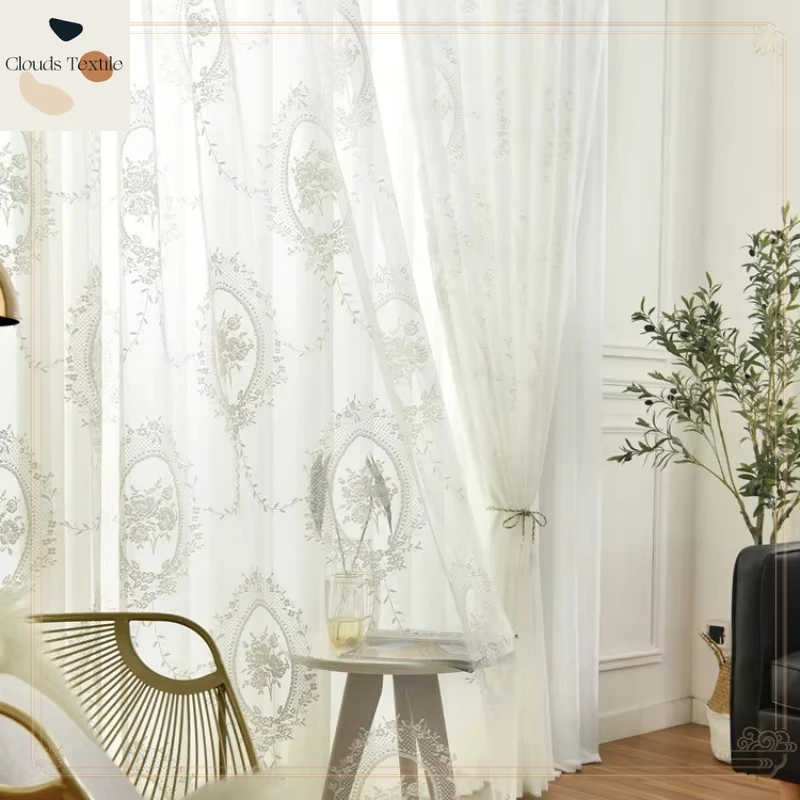 

European-Style White Tulle Curtains for Living Dining Room Bedroom Mirror Peony Flower Window Valance Curtains Customize