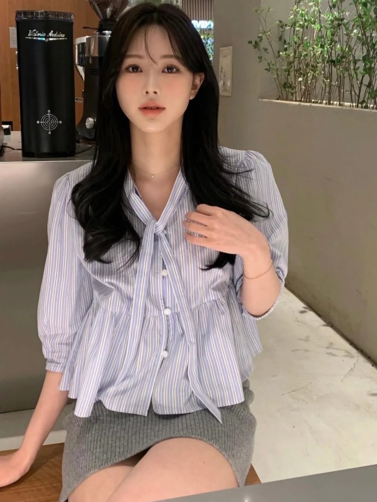 

Women's ort Bubble Sve irt Striped Single Button Pleated Hem Patchwork Trendy Cotton Commute Sle High Waist Five Sve