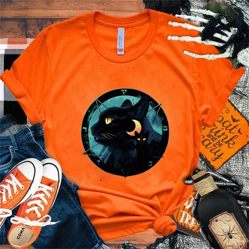 T-shirts for Women Halloween Cartoon Cat Tops Regular Tees Graphic T-Shirt Tshirt Halloween Black Cat Shirts Orange Tees Clothes