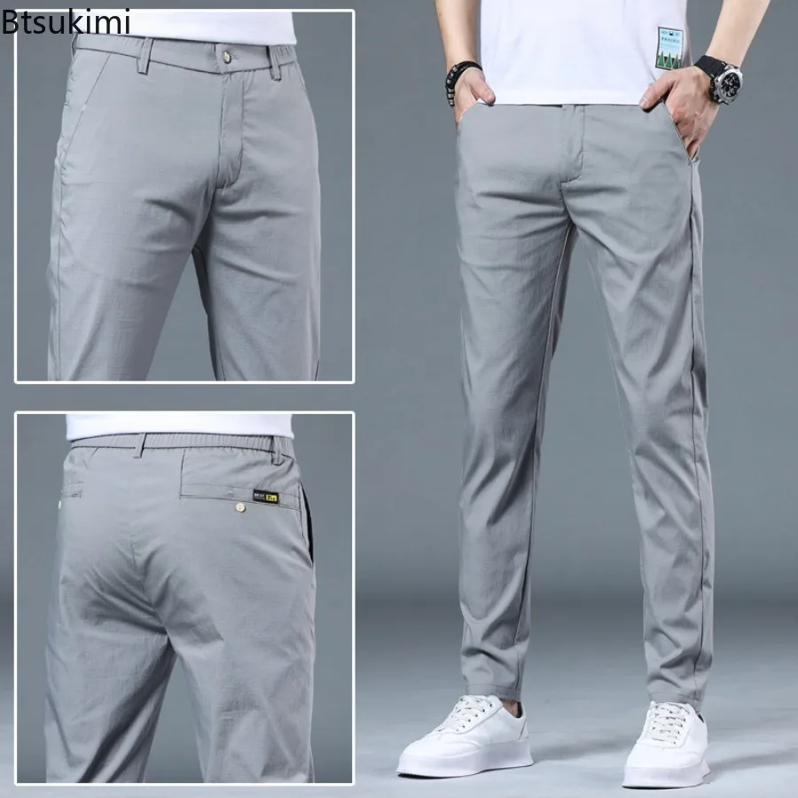2025 Spring Summer Casual Pants for Men Comfortable Ice Silk Slim Straight Pants Fashion Versatile Trousers Male Brand Clothing