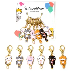 1 Set ( 6 PCs/Set) Knitting Stitch Markers Cat Animal Gold Plated Multicolor With Lobster Claw Clasp Stitch Markers 5.4cmx1.6cm