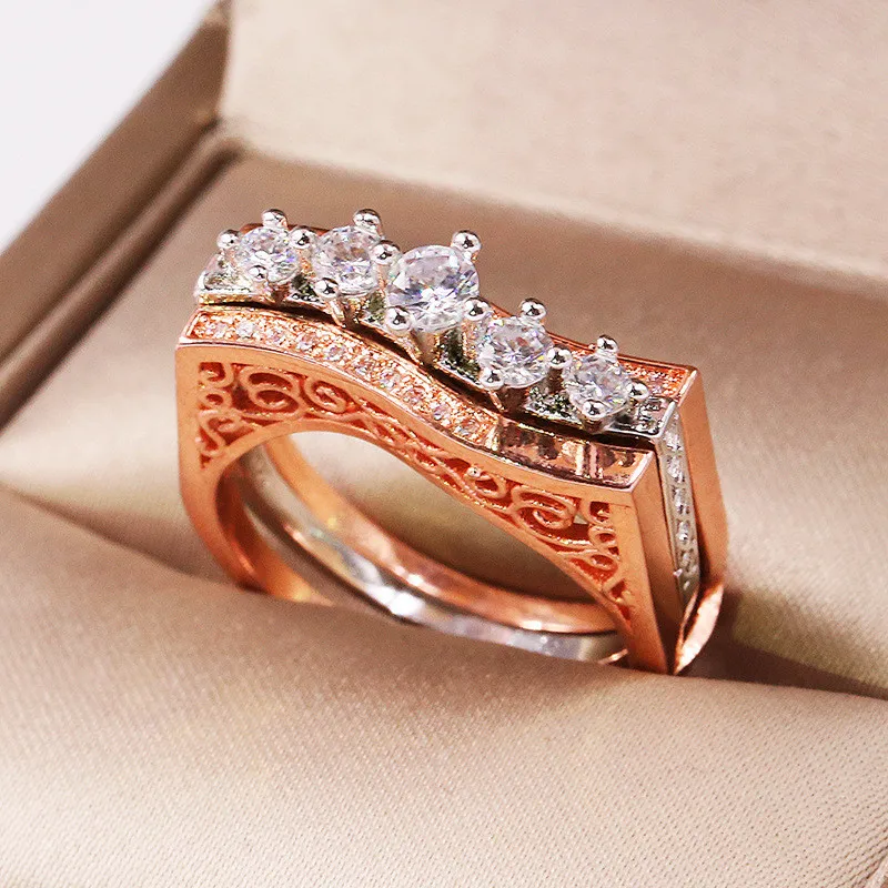 2-in-1 Vintage Court ring sets S925 Silver Color AAAAA cz Hollow Party Wedding Band Rings for women Bridal Finger Jewelry