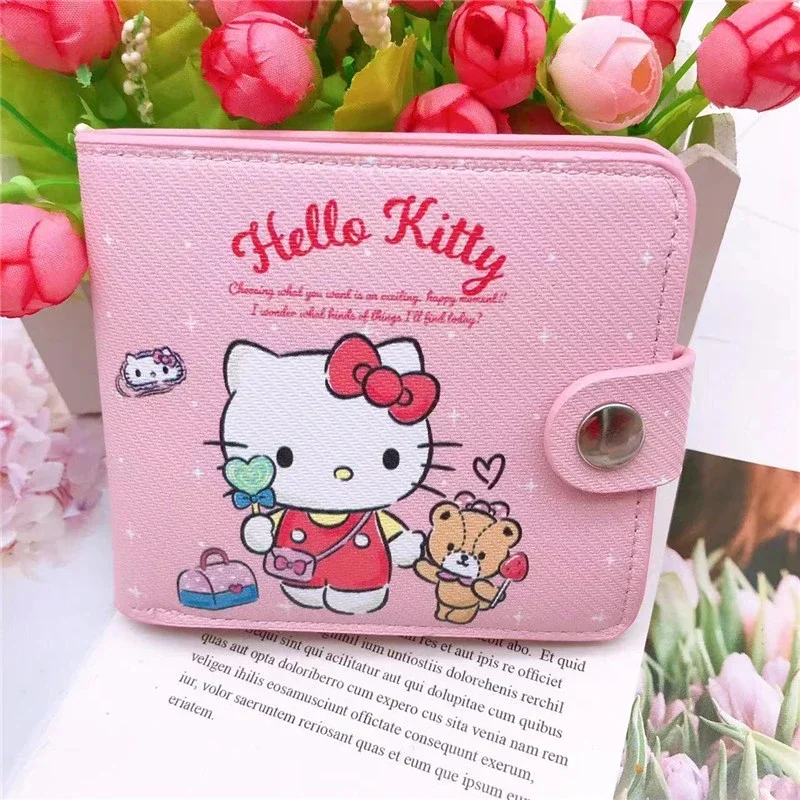 MINISO Disney Cute Anime Small Short Wallet for Girls Women Kuromi Cinnamoroll Kawaii Coin Purse with Buttons Folding Wallets