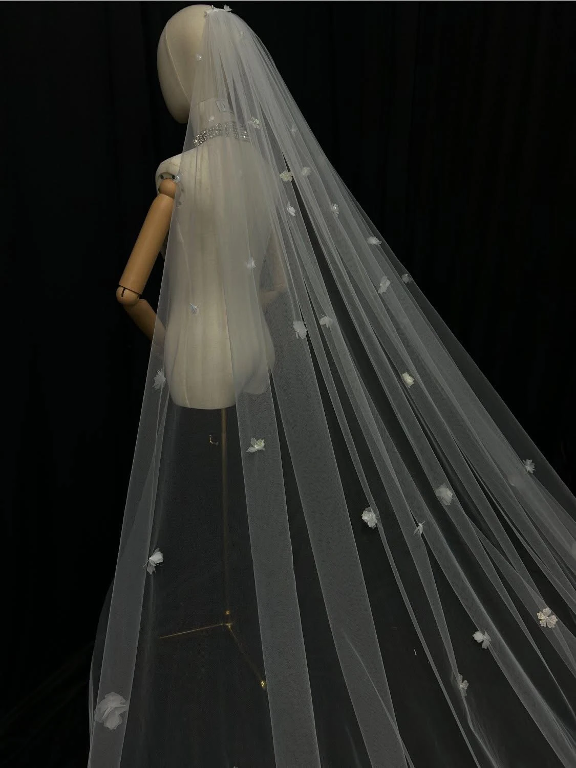 Luxury Transparent Bridal Veils 3D Flower Petal Decor Long Cathedral Bride Sheer Tulle Train Custom Wedding Accessories Veil