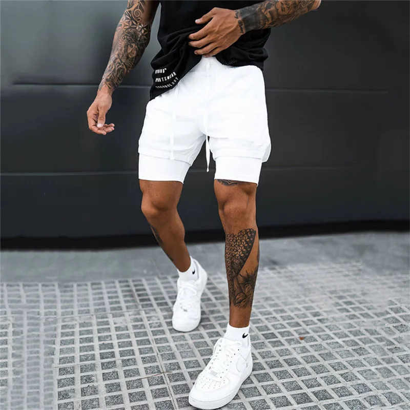 Masculino respirável de dois andares de secagem rápida Sportswear Fitness, shorts para musculação, treino de ginástica, calções de praia para