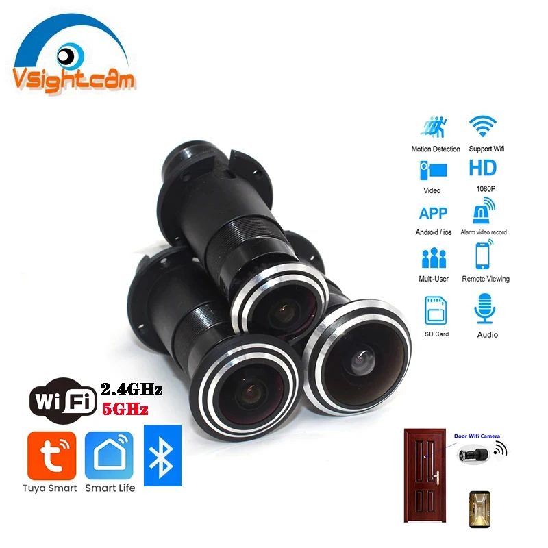 Wi-Fi Audio Door Eye Hole IP Camera Home Security HD 1080P Optional FishEye Mini Peephole Surveillance Camera P2P Tuya TF Card