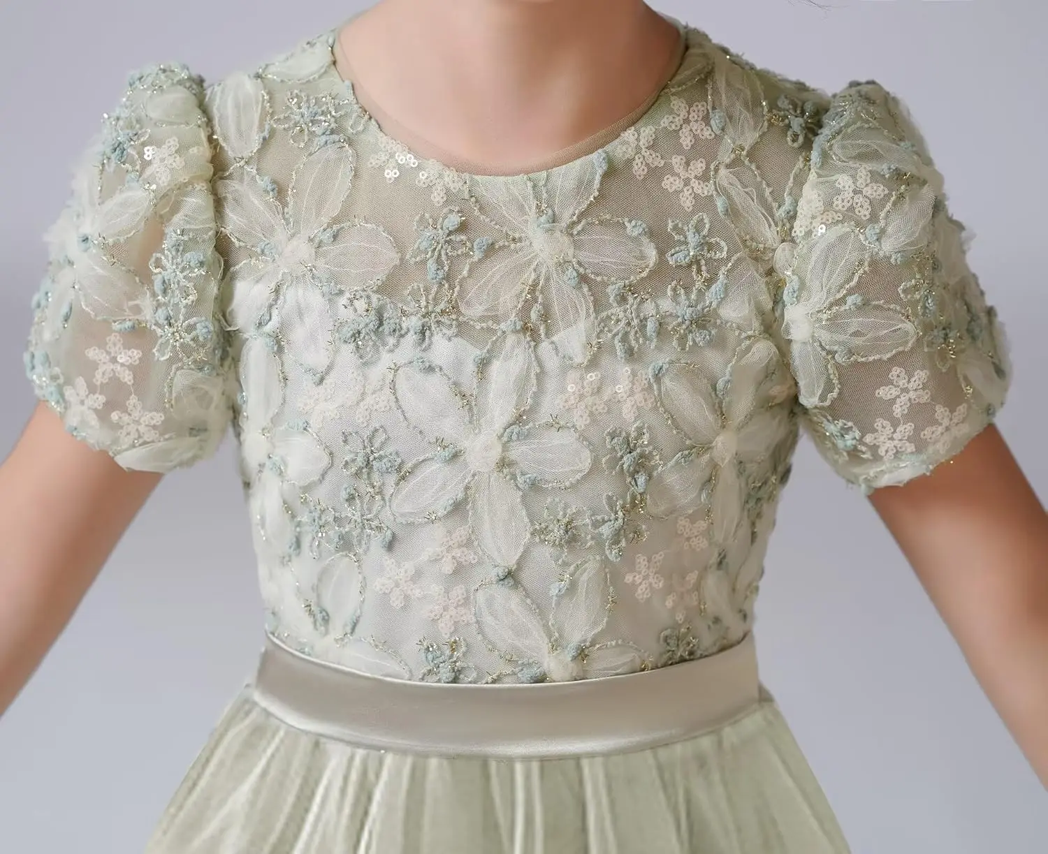 Vestido floral para meninas, bordado 3d, renda, apliques, tule, cetim, laço, cintura alta, maxi vestido de festa, vestido de noite