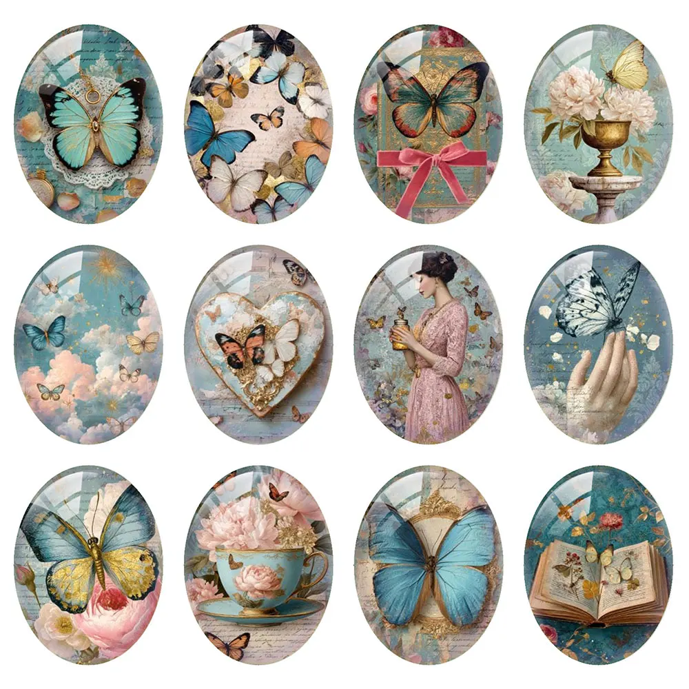Random Mixed Round/Oval/Square Retro Blues Butterfly Flower Photo Glass Cabochon Flatback Demo Cameo For Diy Jewelry Making