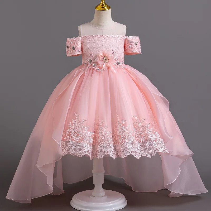 Girl's Pearl Tail Princess Dress 4-12 Year Old Fashionable Flower Off the Shoulder Fluffy Dress Carnival Performance Costume