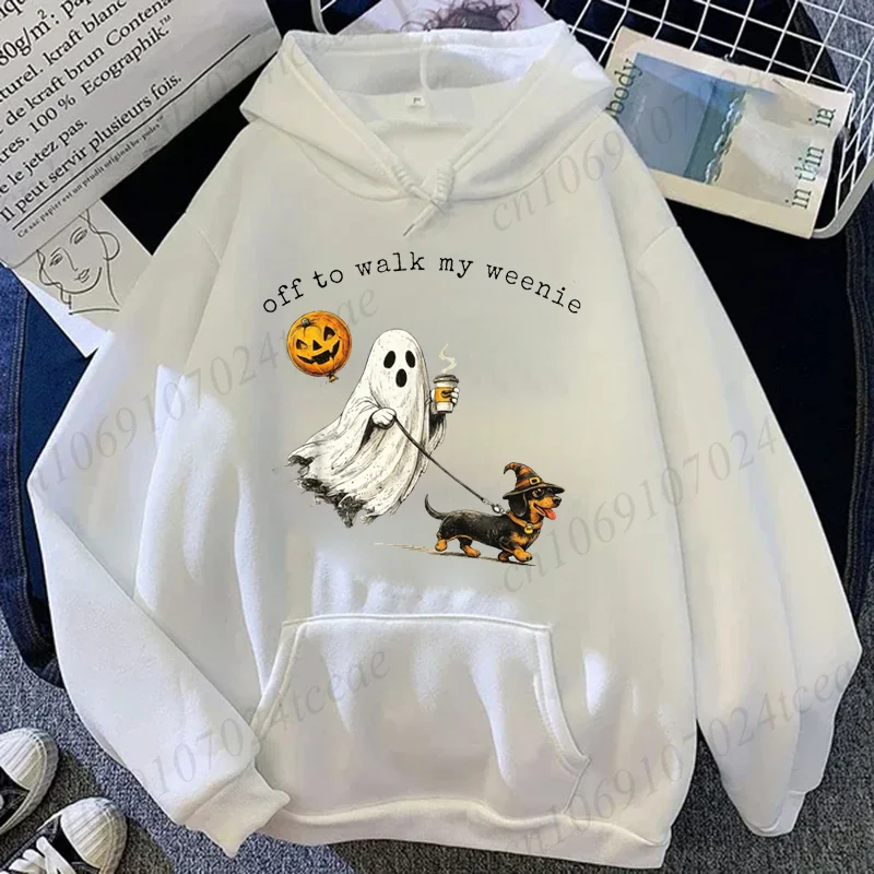 Off To Walk My Weenie Print Men's Hoodies Dachshund Ghost Halloween Sweatshirts Autumn Winter Women Hooded Hoody Sportwear Gifts