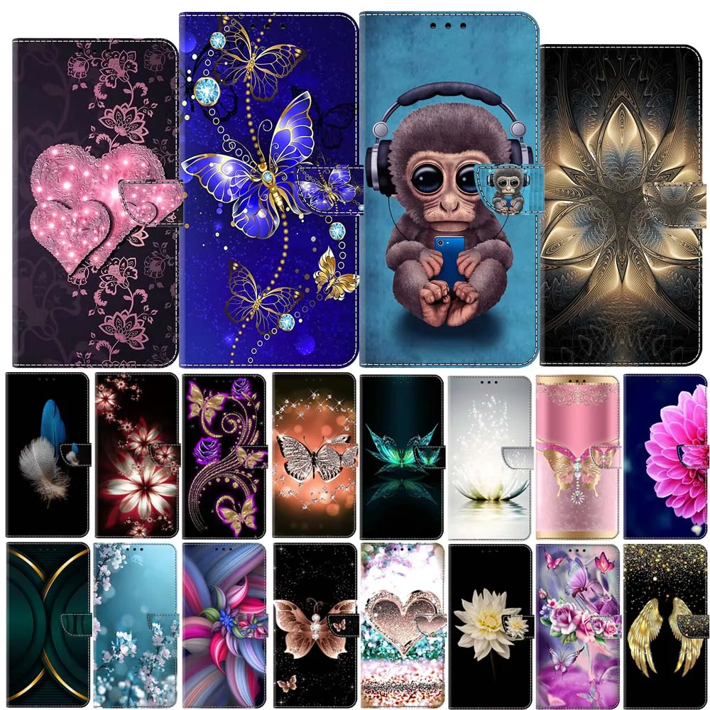 Funda in pelle magnetica per Samsung Galaxy S24 Ultra S23 Plus S22 S21 S20 FE farfalla fiore verniciato slot per schede Flip Phone Cover