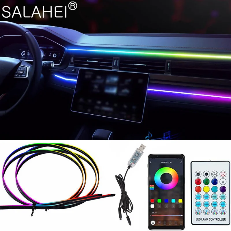 USB Car LED Ambient Light 64 Colors Acrylic Strips 110cm Full Colors RGB Car Interior Hidden App Remote Control Atmosphere Lamp