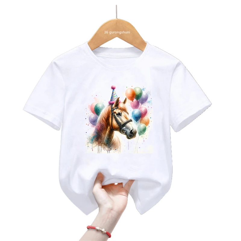 Colorful Horse Birthday Printed T Shirt Girls/Boys Funny Harajuku Kawaii Kids Clothes T-Shirt Summer Fashion T-Shirt Streetwear