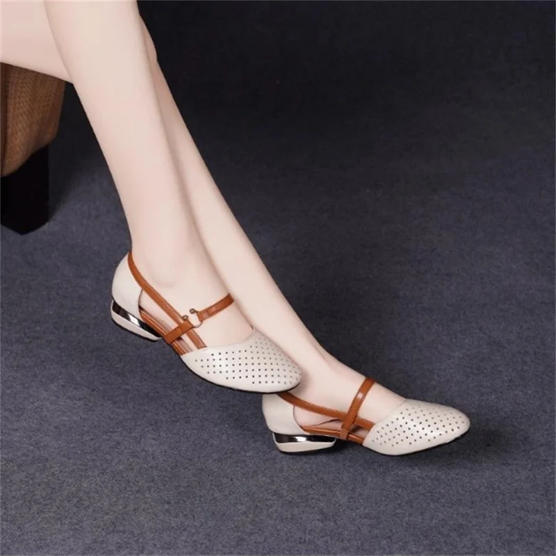 Summer Sandals Women Shoes New Leather Shoe Round Toe Middle Heel Soft Sole Anti slip Hollow Breathable Retro Women's Sandals