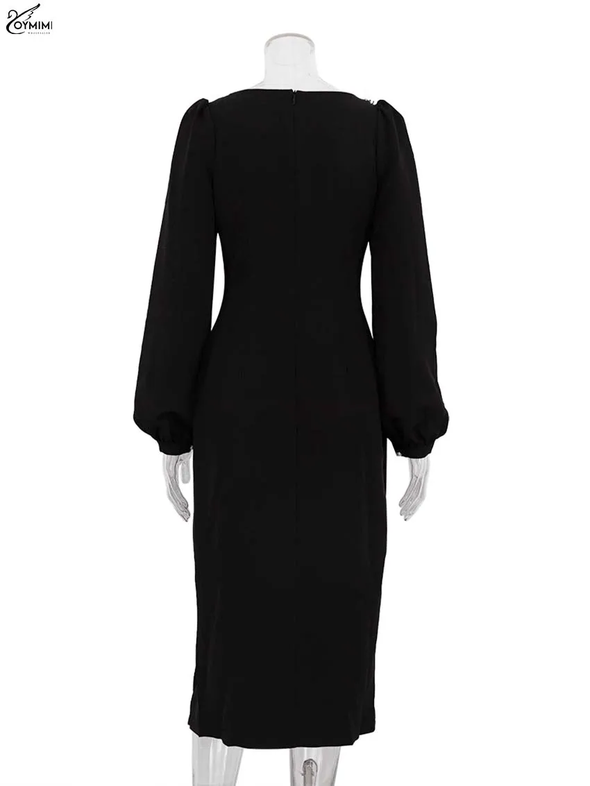 Oymimi Elegant Black Diamonds Womens Dresses Fashion Square Neck Long Sleeve Dresses Casual Side Slit Mid-Calf Dress Streetwear