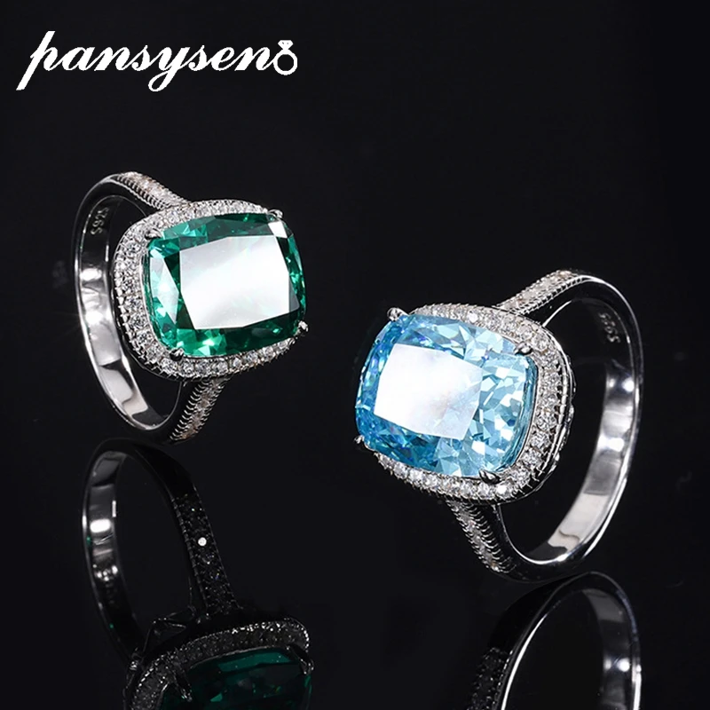 

PANSYSEN Solid Silver 925 Jewery Radiant Cut Tourmaline Aquamarine Gemstone Finger Rings for Women Men Luxury Party Fine Jewelry