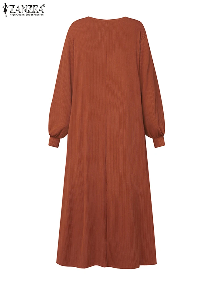 ZANZEA Autumn 2024 Ribbed Abaya Robes Solid Muslim Fashion Long Sleeve Women Maxi Dresses Casual Loose Islamic Hijab Vestidos