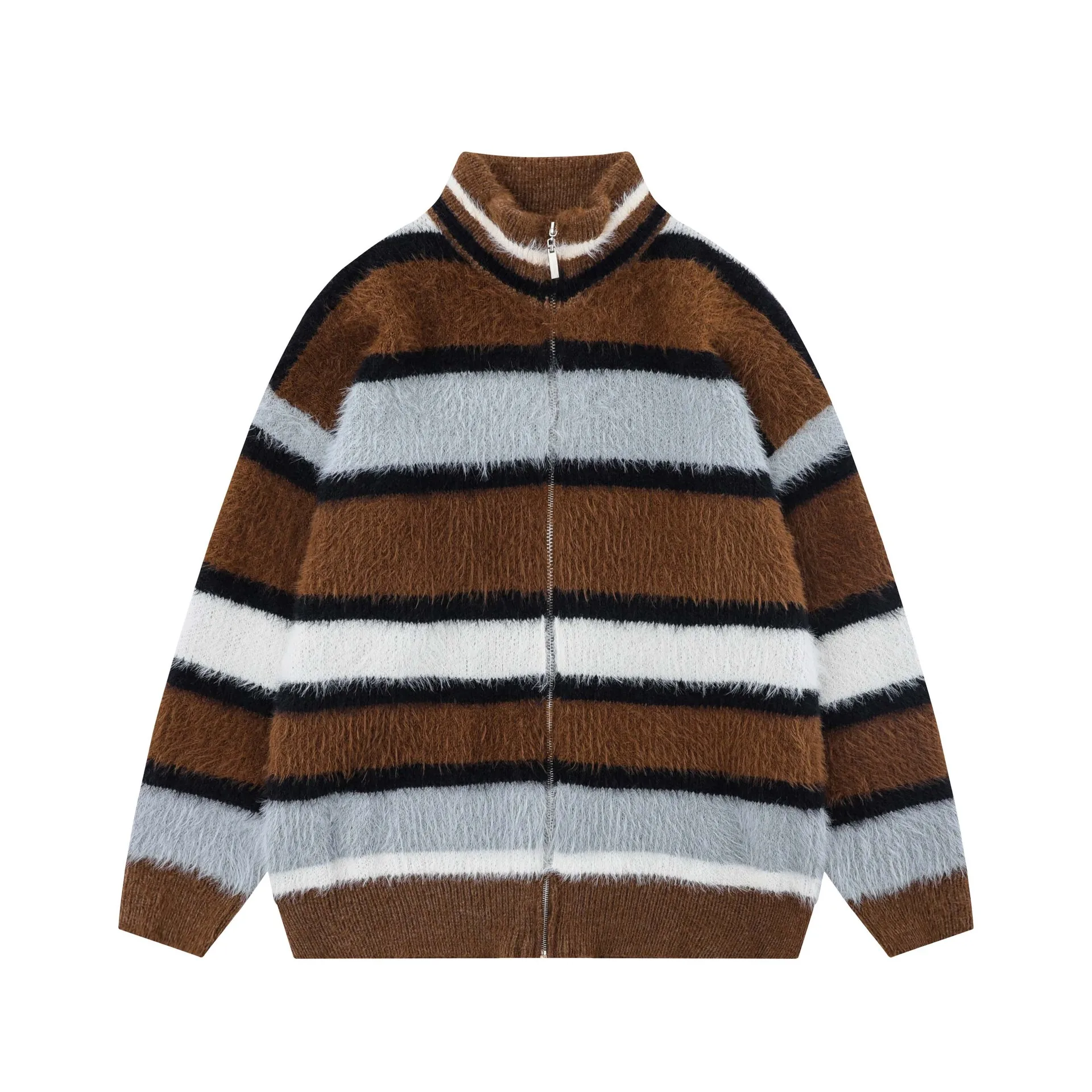 

Американский контрастный цветной полосатый жаккардовый плюшевый кардиган, свитер для мужчин и женщин, модный брендовый свободный повседневный вязаный свитер