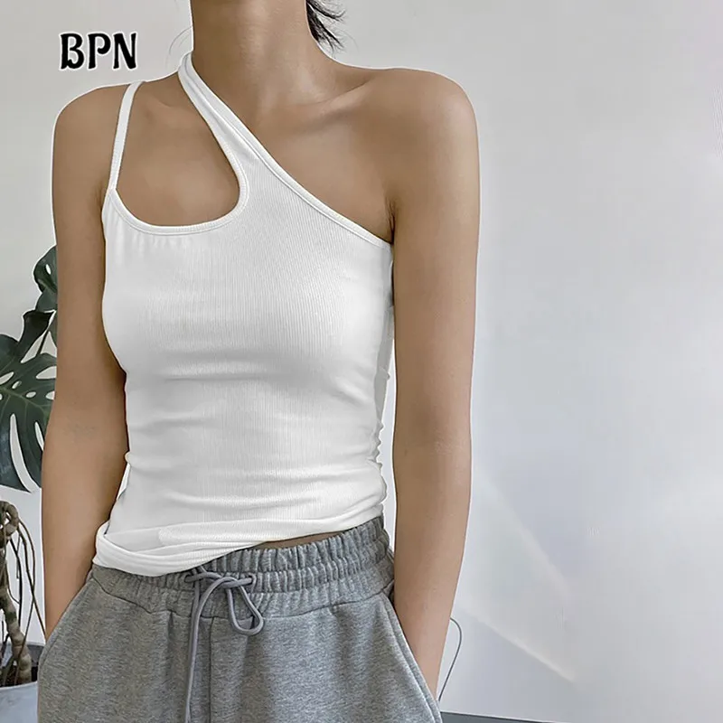 

BPN Casual Solid T Shirts For Women Diagonal Collar Sleeveless Off Shoulder Minimalist Hollow Out Summer T Shirt Female Clothing