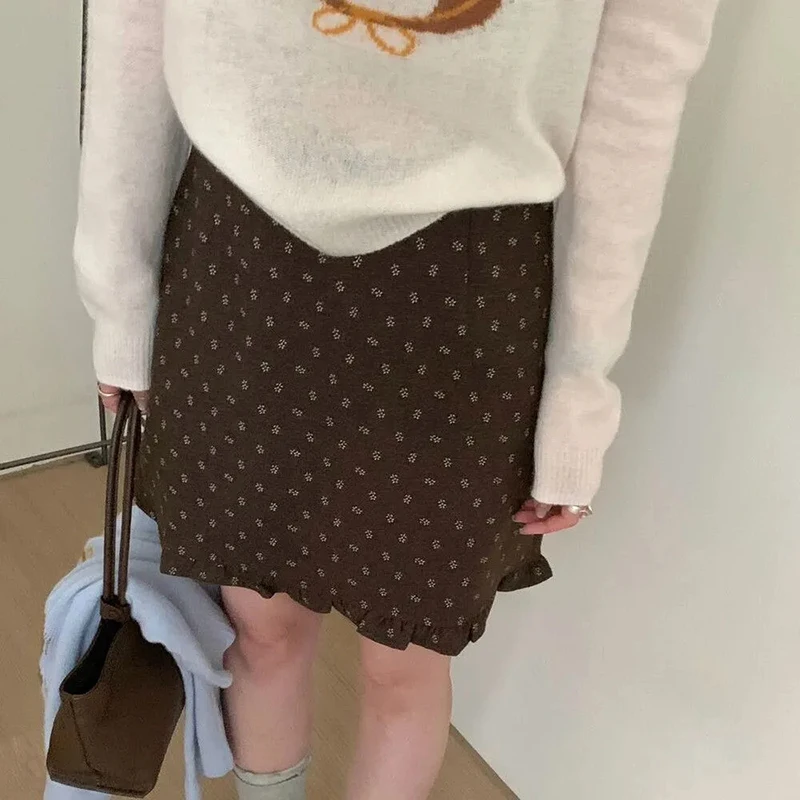 الأزهار عالية الخصر تنورة صغيرة النساء الخريف الشتاء خمر كشكش التنانير غير رسمية الكورية الرجعية ألف خط الحلو فضفاض الإناث التنانير جديد