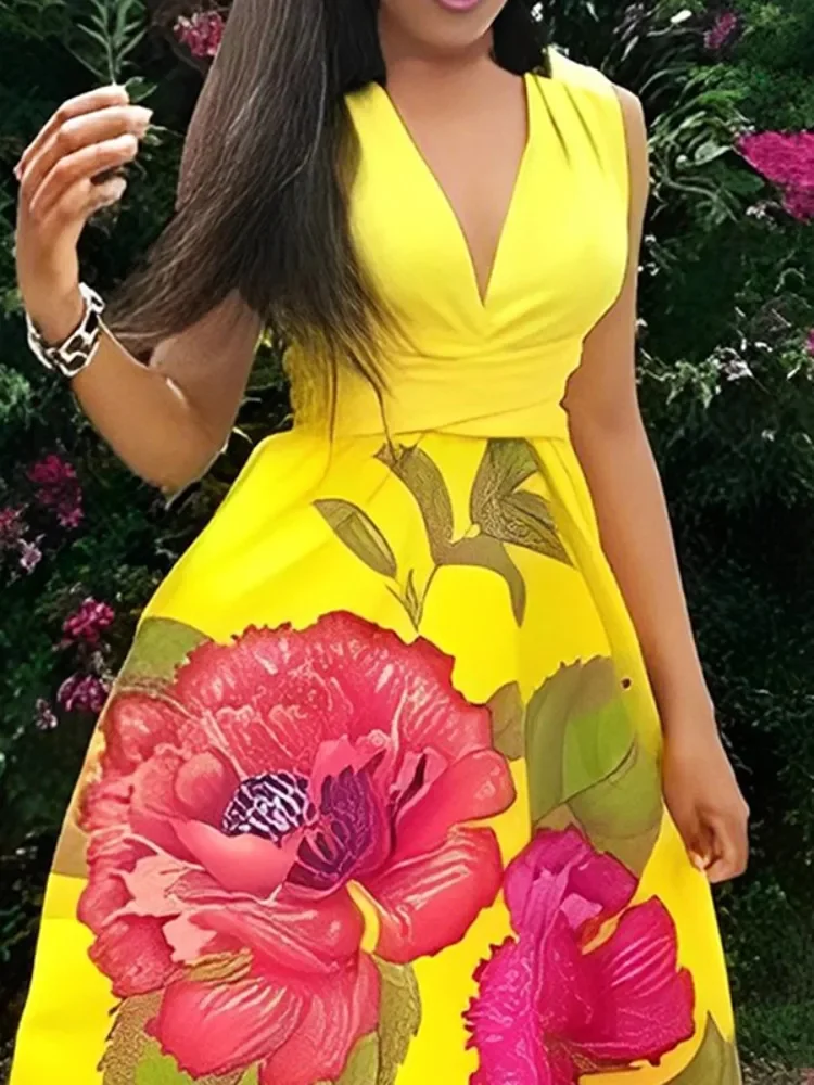 Robe longue de soirée pour femmes, sans manches, décolleté en v profond, robe de bal élégante, imprimé Floral, ligne a