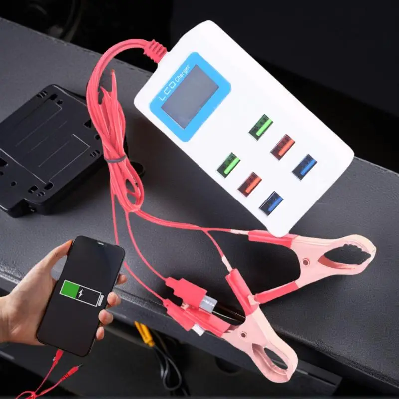 1Pcs Quick Charge Universal 6USB with LCD Clip, 12-24V Multifunctional Clamp Charger for Mobile Phones DIY