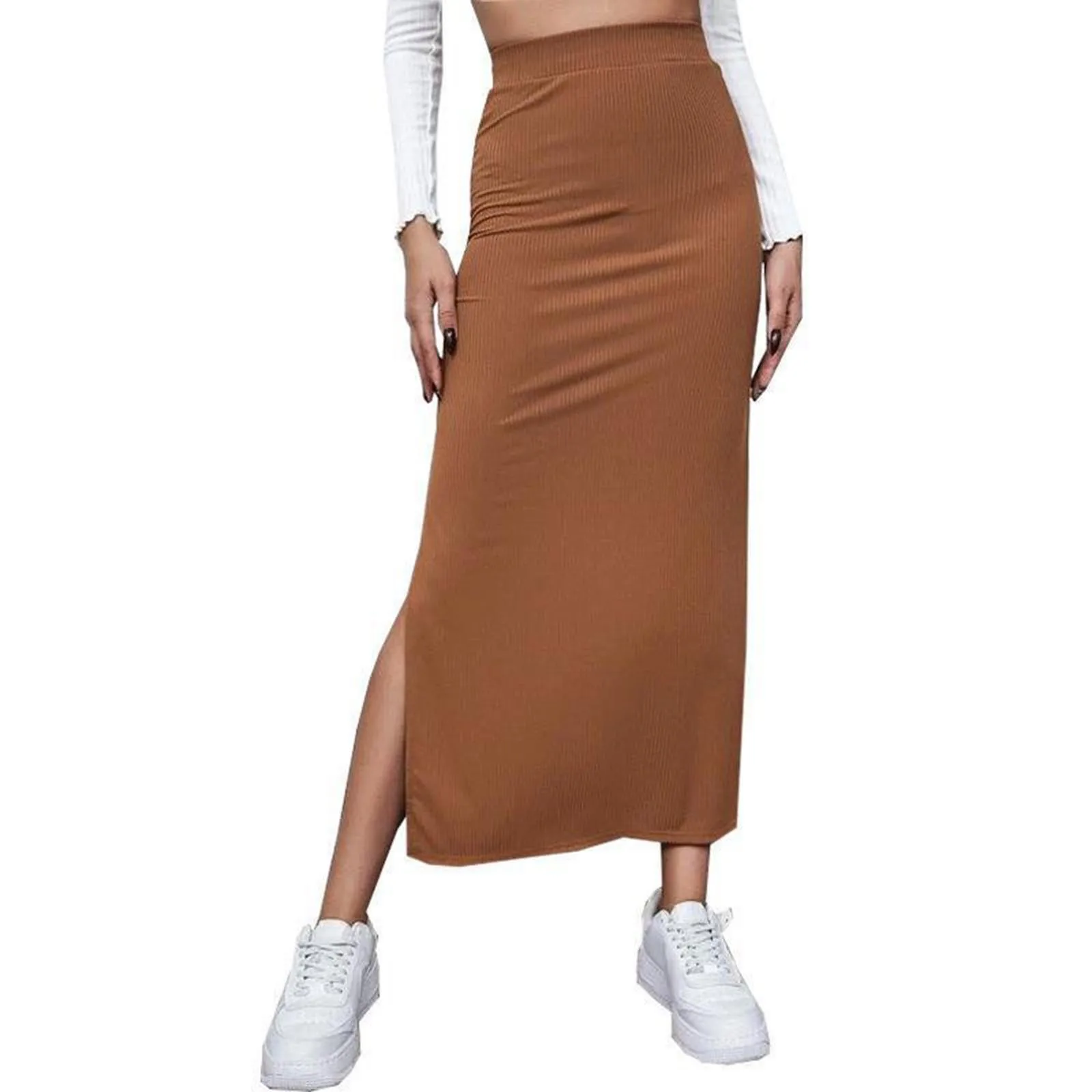 Women Solid Color Long Skirts High Waist Bodycon Straight Split Skirt Korean Fashion Elegant Skirts for Summer Autumn Harajuku