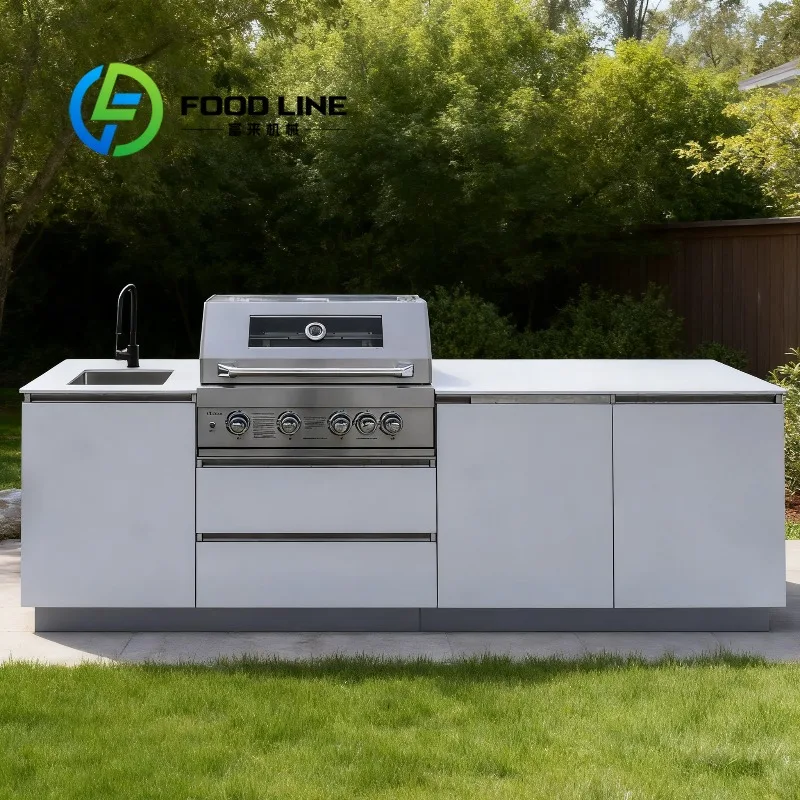 Luxury Modern 304 Stainless Steel Outdoor Kitchen Island Sink BBQ Grill Flame Safety Electronic Ignition Knob Control Customize
