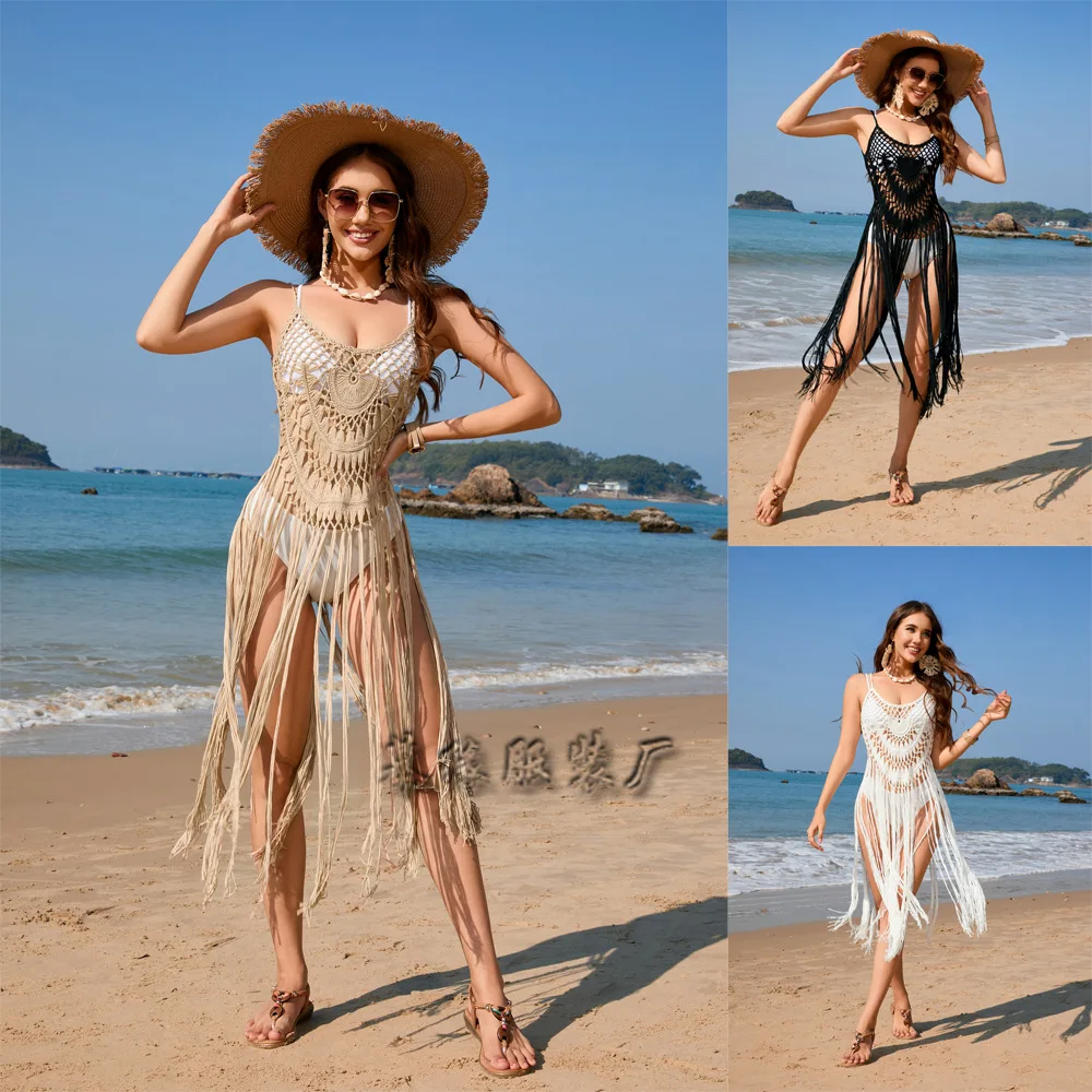 

2025 Spring/Summer New Style Strap Style Sexy Beach Hoodie Solid Color Hand Hook Women's Knitted