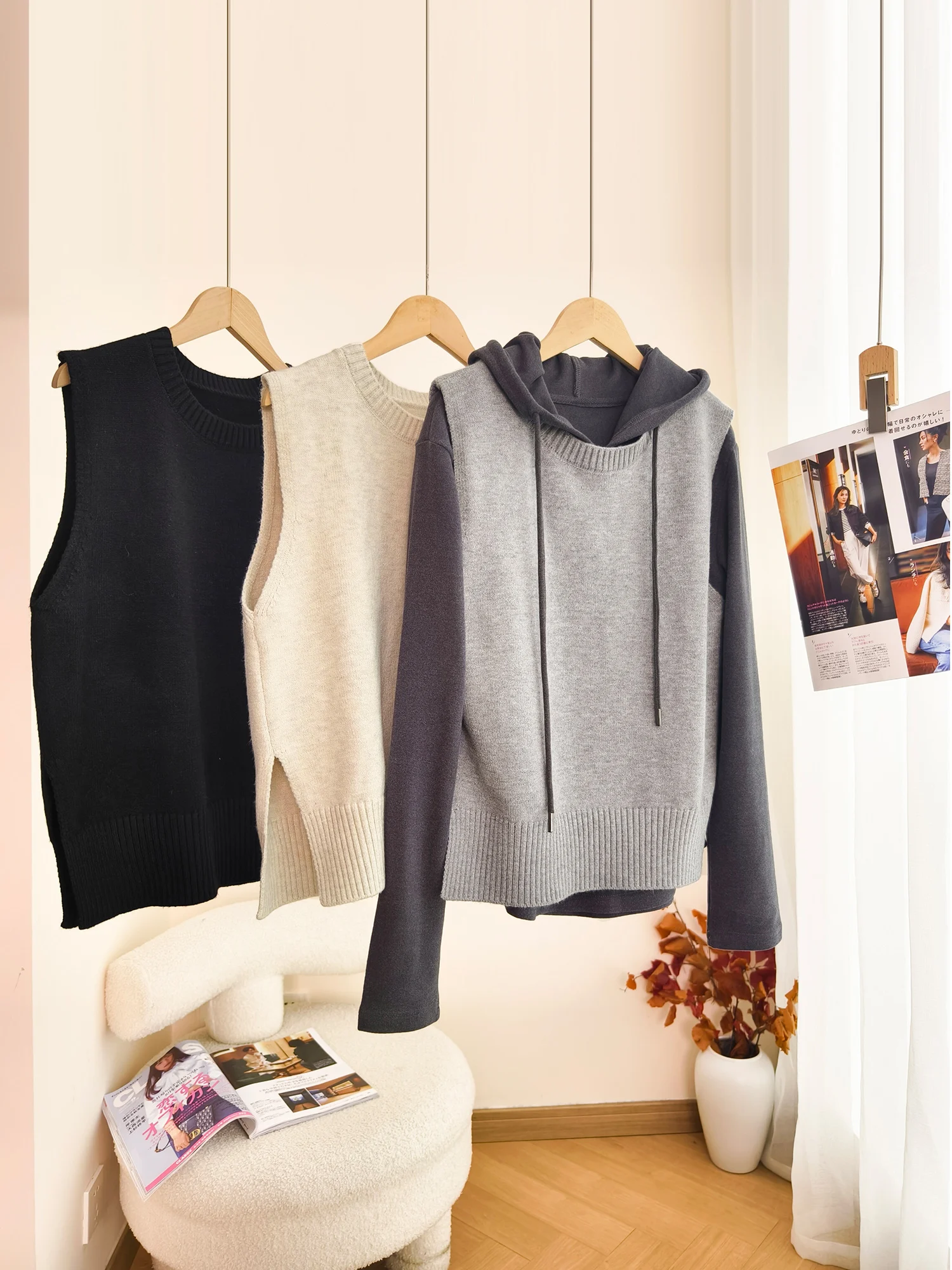 

Теплый вязаный жилет с несколькими позвоночками, тонкий широкий бот, разделенный дизайн, простой вязаный жилет для женщин, повседневная зимняя верхняя одежда, полиэстер B...