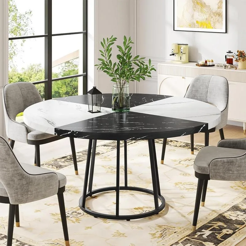 Round Dining Table for 4 People, 47 inch Kitchen Table with Circle Metal Base Faux Marble Table Top (Only Table)