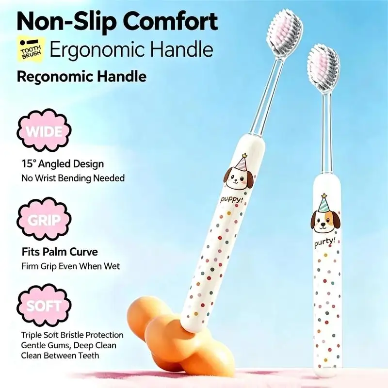 Hoyytu 2 Pack Adult Toothbrushes Convex Soft Bristle Cute Polka Dot Cat Pattern Portable Size for Home Office Travel Oral Care