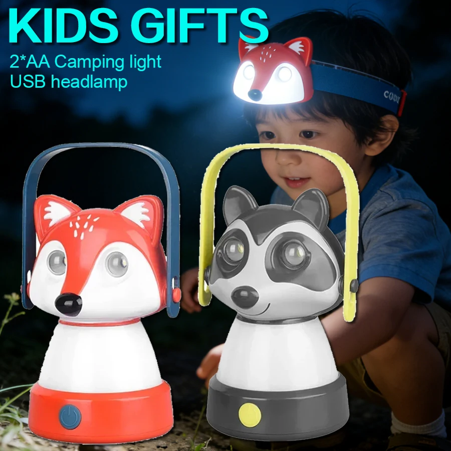 

Свет с изображением животных из мультфильма, енот, 3 * батарея АА, портативный фонарь для кемпинга, уличный детский подарок, милая лиса, USB перезаряжаемый налобный фонарь