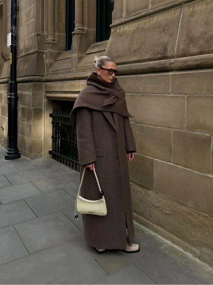 เสื้อโค้ทผ้าวูลผสมสีน้ำตาล แขนยาว ปกเสื้อแบบปกเชิ้ต ติดกระดุมแถวเดียว สไตล์ผู้หญิงหรูหรา สำหรับฤดูใบไม้ร่วง ปี 2025 เหมาะสำหรับใส่ทำงาน