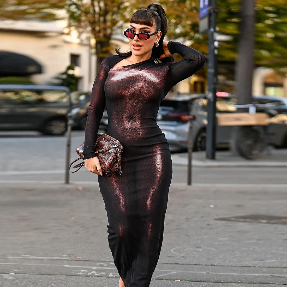 Yomesugar Mode 3D Body Print Lange Jurk Vrouwen Sexy Asymmetrische Hals Volledige Mouw Bodycon Maxi Jurken Party Club Streetwear