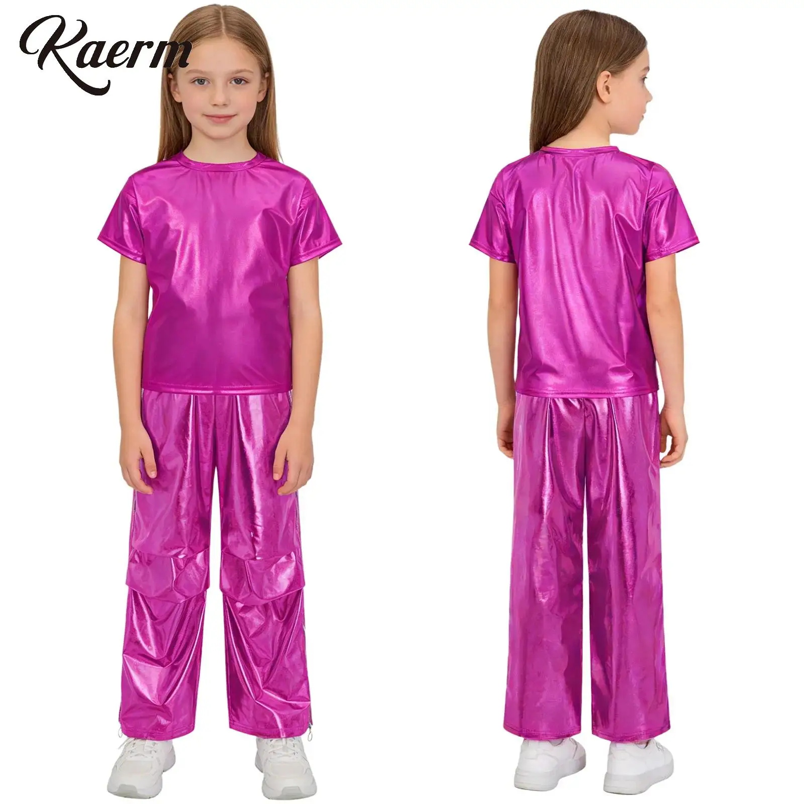 

Fashion Kids Girls Boys Hip Hop Jazz Street Dance Set Short Sleeve Round Neck Metallic T-shirt with Shiny Cargo Pants Performanc