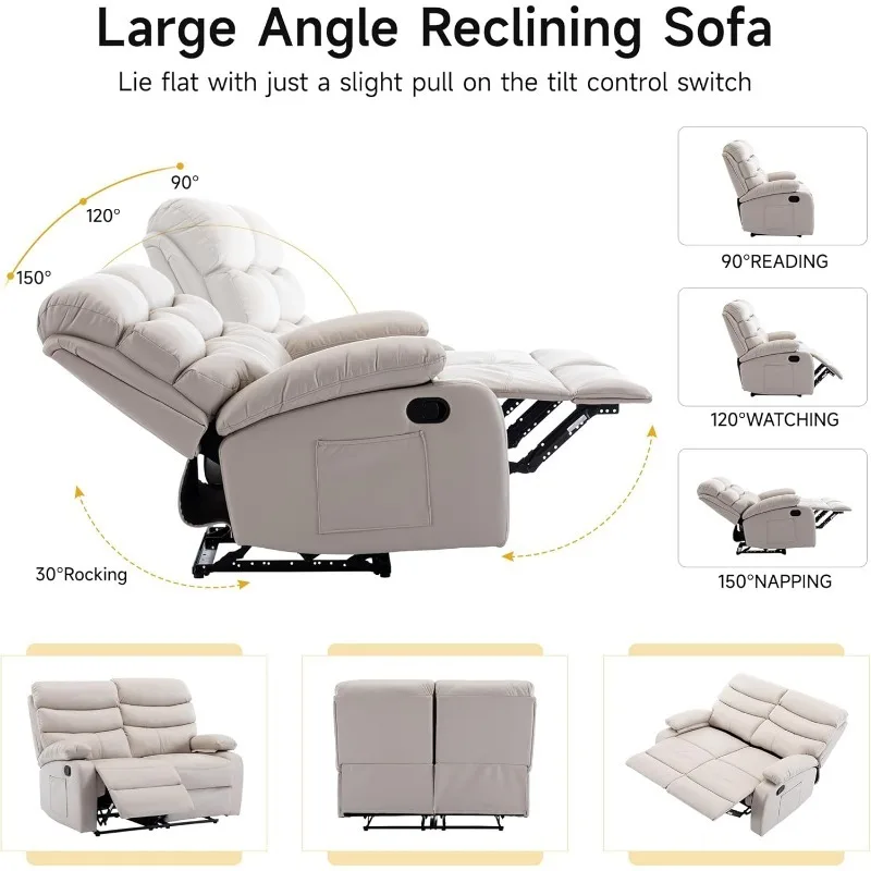 Loveseat Recliner Sofa, Small Sofa Couch, PU Leather Reclining Sofa 2-Seater Manual Double Seater Recliner with Side Pockets