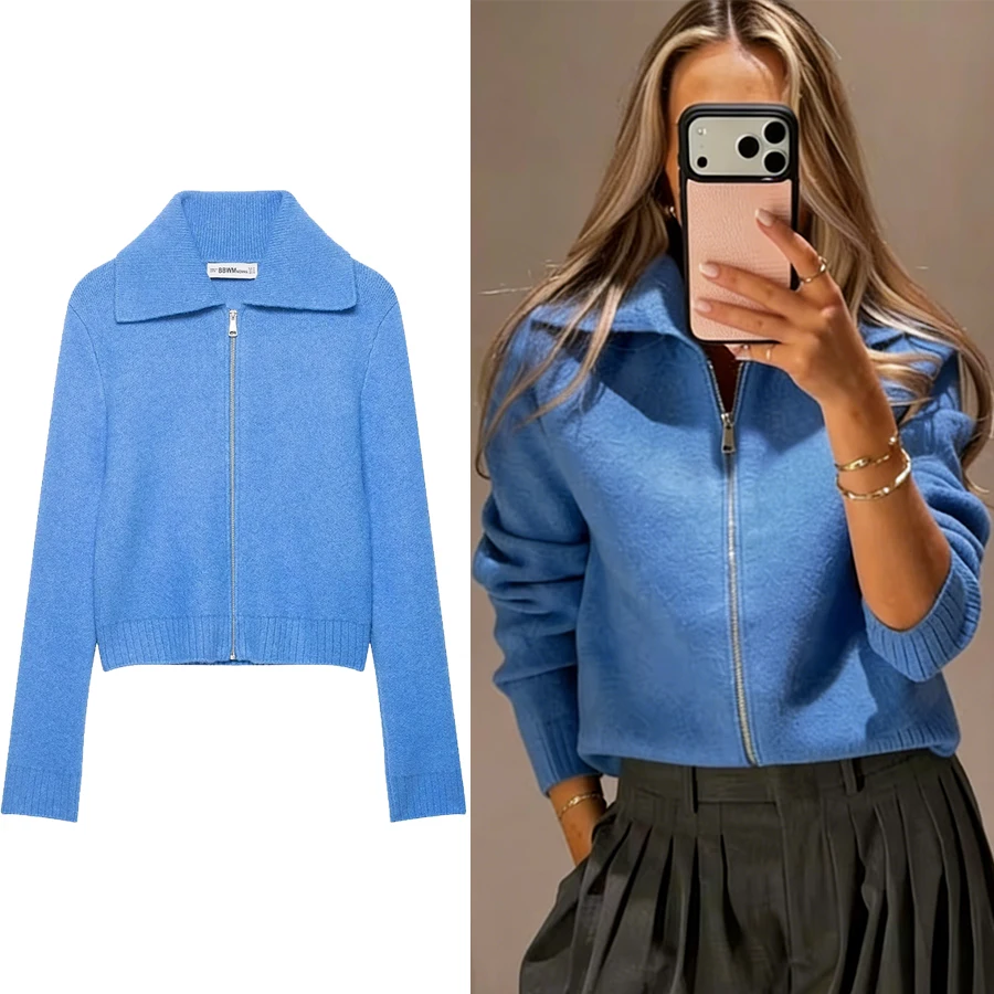 Damen Trendige Blaue Strickjacke mit Reißverschluss, Minimalistische Cardigan für Frauen, Neue Frühlingsmode, Elegante Jacke