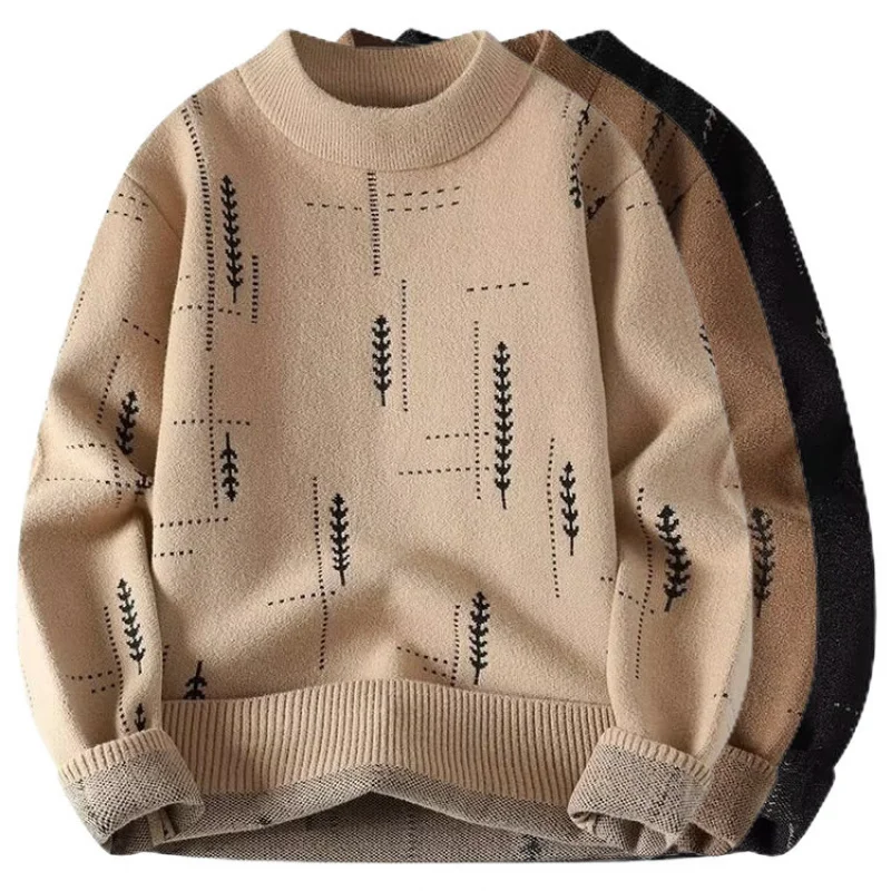 

European Size Plus Size Fleece Warm Knitted Sweater Men Wheat Ear Round Neck Inner Wear Autumn Winter Pullover