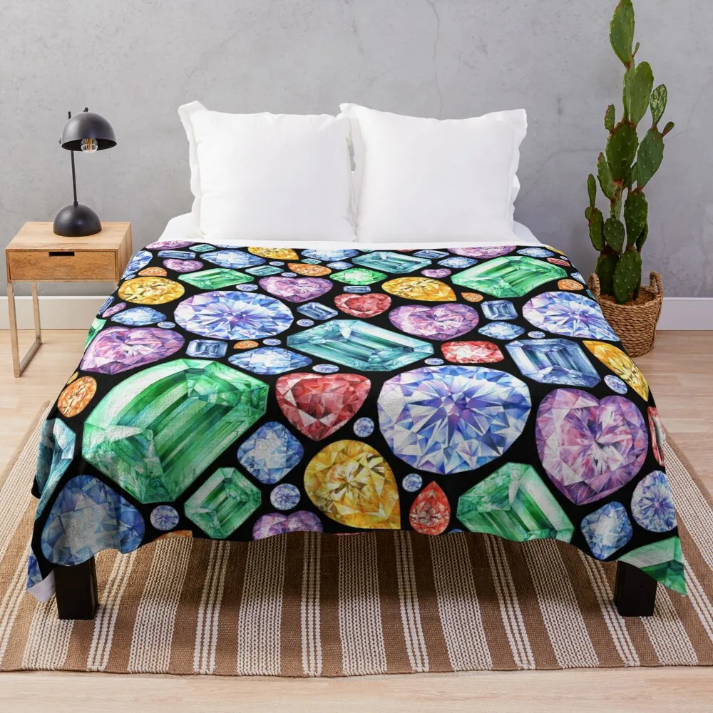 

Colorful Gemstone Painting. Sparkling Gem Print on black Throw Blanket Personalized Gift Flannel Tourist Loose Blankets