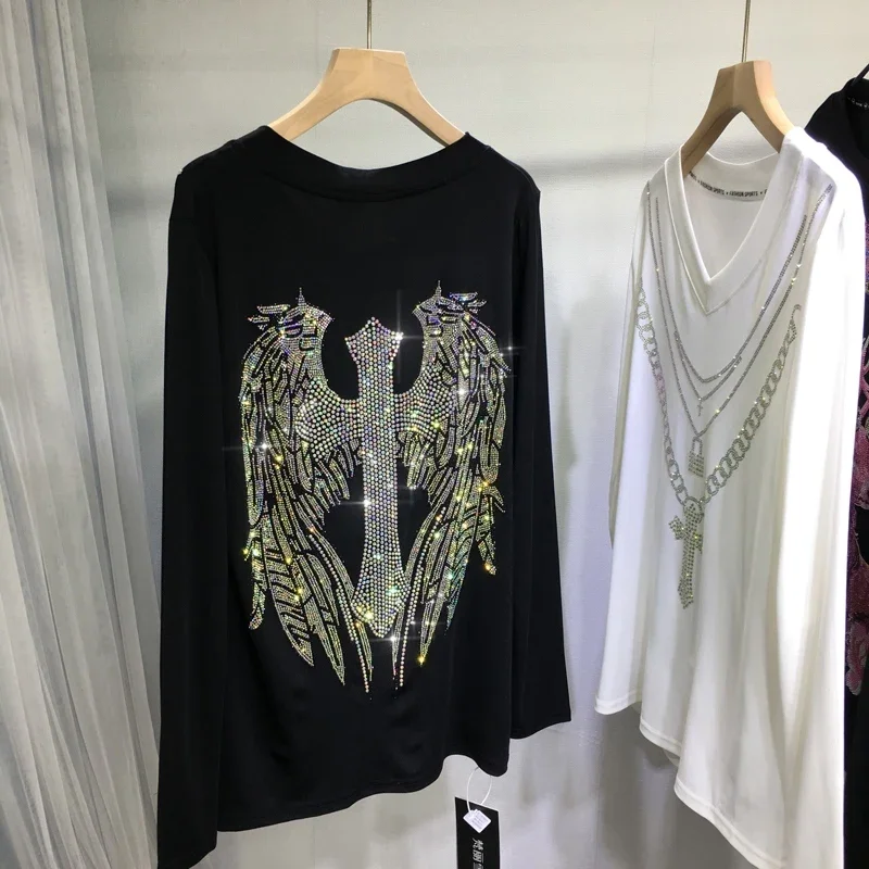 

Luxury Big Wings Hot Drilling Harajuku T-shirt 2024 New Autumn Winter Long Sleeve Basic Top O-neck Diamonds Chain Pullover Tees