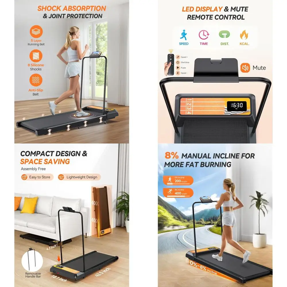 

Портативная беговая дорожка под стол с регулировкой угла наклона, 2.5 л.с., бесшумная, компактная, с ручкой, LED-дисплеем и пультом ДУ