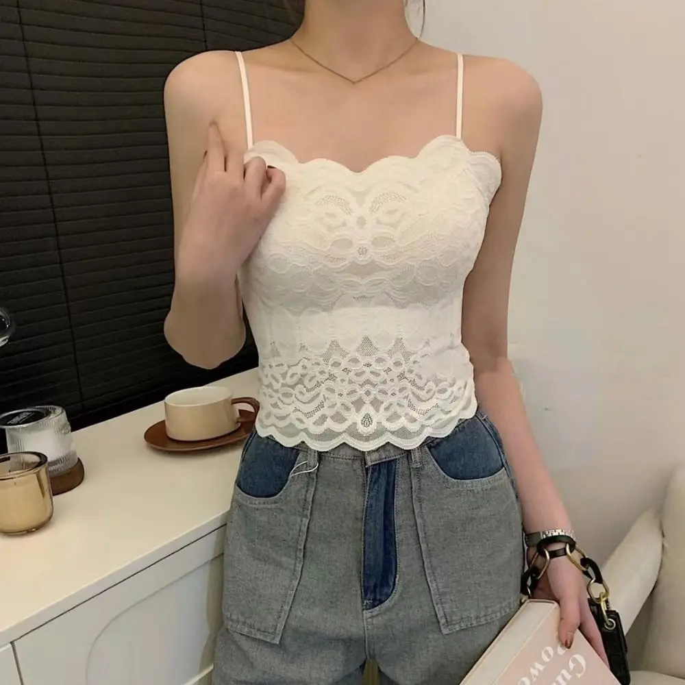 

Korean Style Lace Sleeveless Crop Top Seamless V Neck Women's Vest Top Slim Fit Undershirts Bra with Pads Camisole Seaside