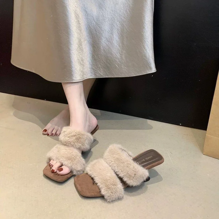 2026 Fall Winter Women French Style Fluffy Slippers Outdoor Fashion High Heel Slide Sandals Warm Cotton House Shoes