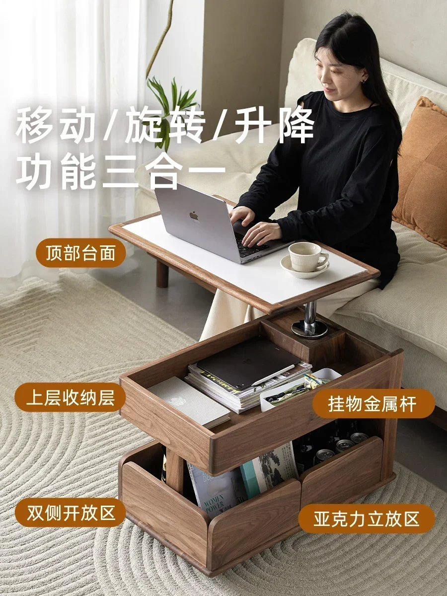 

Solid Wood Lifting Multi-functional Black Walnut Living Room Trolley Rock Slab Coffee Table