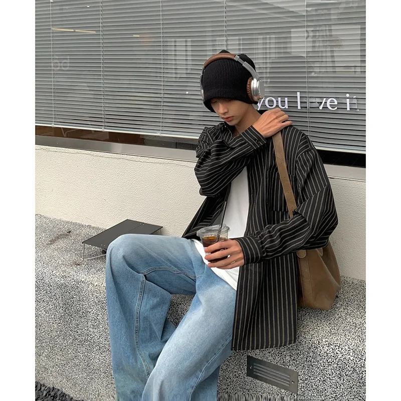 Black Stripe Long Sleeve Shirt Jacket Men's Casual Spring Top OOTD Japanese Retro Boyfriend Style Shirt Loose Fit Polyester F...